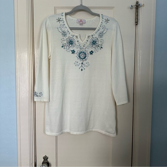 Quaker Factory Sweater Embellished w/ Beads & Sequins Cream & Turquoise Size S - Picture 3 of 14